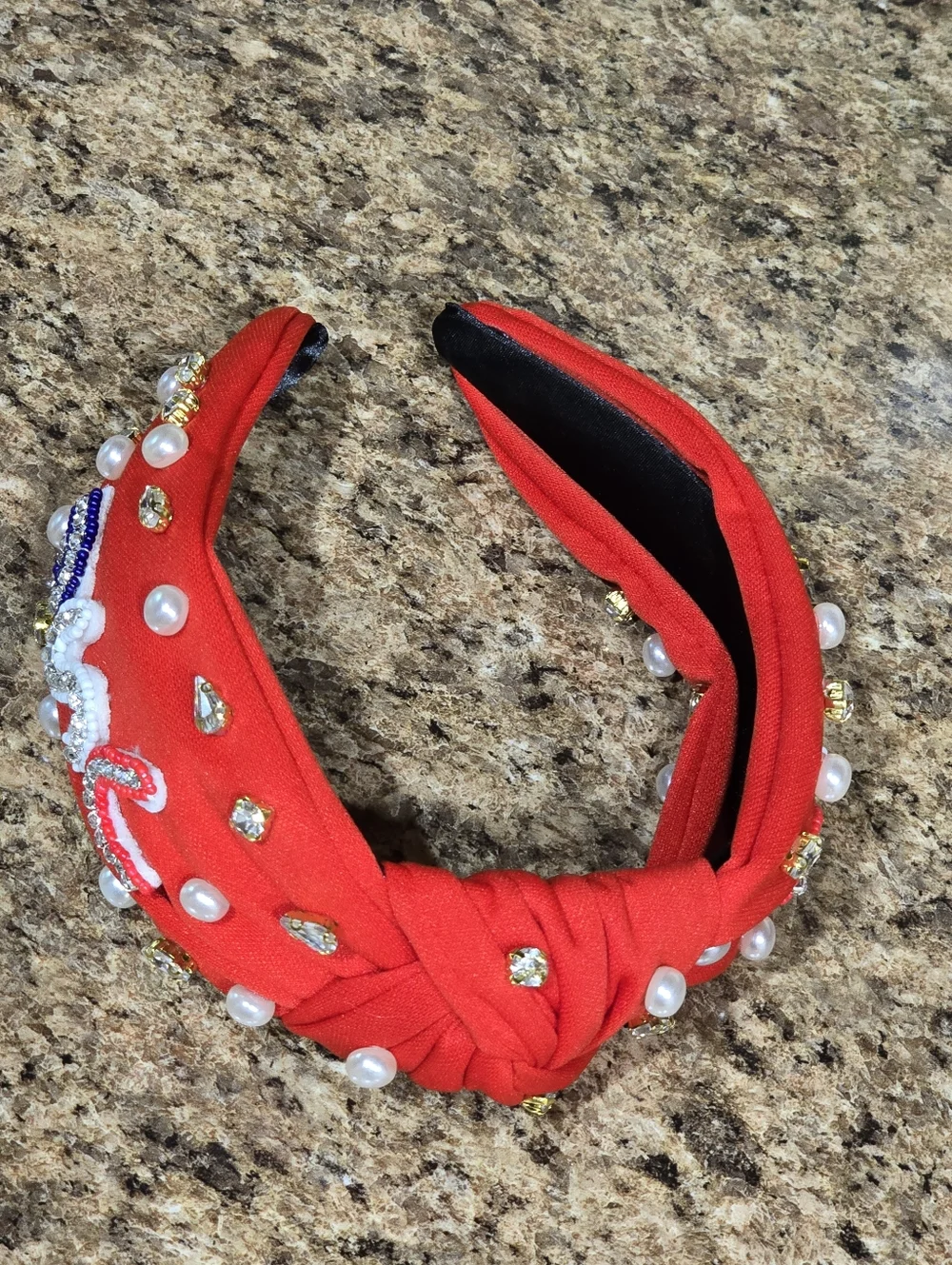 4th Of July USA Embellished Red Knot Headband with Crystal Letters